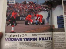 Vauhdin maailma 1993 nr 8 -mm. Formula 1 Ranska, Saksa ja Englannin GP:t, Rallicross EM, Rata-SM Veteli jokkisluokan SM-taistelut Drag SM Alastaro, Enduro MM Ruotsi