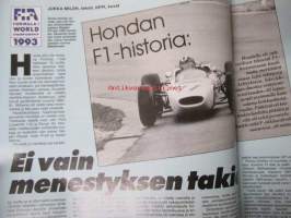 Vauhdin maailma 1993 nr 3 -mm. Formula 1 kausi 1993 mitä uutta on odotettavissa, Hankiralli, Ralli-SM satakunta, F1/Indycar, Honda Ykkösissä, Los Angeles Show,