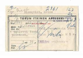 Turun Itäinen Apteekki Turku   - resepti signatuuri  1963