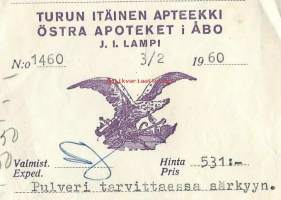 Turun Itäinen Apteekki  J I LampiTurku   -reseptipussi  resepti signatuuri  1963