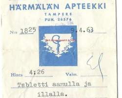 Härmälän Apteekki  Apteekki  Tampere-   reseptipussi  resepti signatuuri  1963