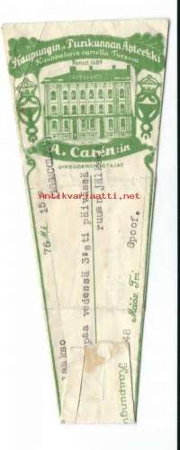Kaupungin ja Piirikunnan Apteekki   Turussa Turku  A. Careninín oikeudenomistajat  -    resepti signatuuri  1948