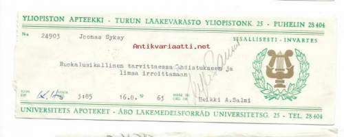 Yliopiston Apteekki   Turun Lääkevarasto -     resepti signatuuri  1963