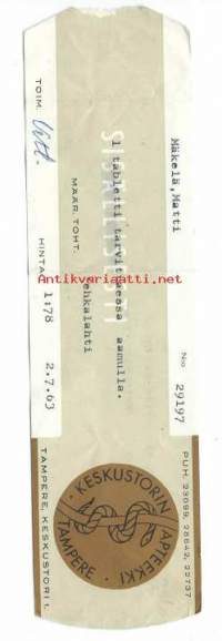 Keskustorin Apteekki  Tampere-      resepti signatuuri  1963