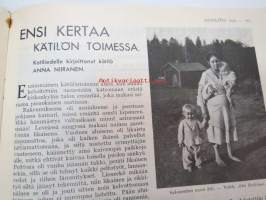 Kotiliesi 1932 nr 6, maaliskuu II, 15.3.1932, sis. mm. seur. artikkelit / kuvat / mainokset; Kansikuvitus Martta Wendelin, Ensotapetti, IMI - kirkkautta -