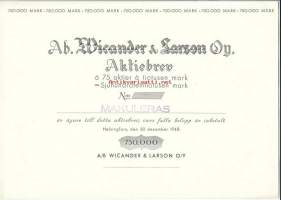 Wicander&amp;Larson   Oy , 75x 10 000 mk  osakekirja, Helsinki 30.12.1948