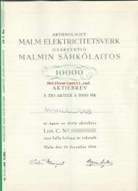 Malmin Sähkölaitos Oy/ Malm Elekticitetsverks Ab , Helsinki -osakekirja 30.12.1938