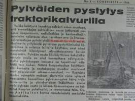 Koneviesti 1966 nr 5 -mm. Automaattinen leikkuukorkeuden säätö Massey Ferguson 510 esittely, Pylväiden pystytys traktorikaivureilla, Moottorisahojen kokeilua