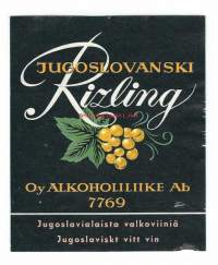 Rizling jugoslavialaista valkoviiniä  nro 7769 - viinaetiketti  viinietiketti
