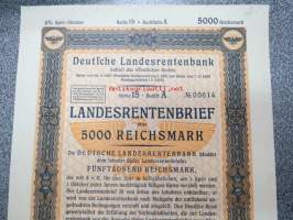 Deutsche Landesrentenbank - Landesrentenbruef 5000 Reichsmark nr 15 A 00614 -korollinen lainapaperi, huomaa Saksan kotka