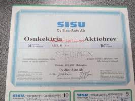 Oy Sisu-Auto Ab, Helsinki, 10 osaketta á 10 mk, Litt. B, 15.1.1988 -osakekirja - SPECIMEN