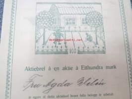 Aktiebolaget Martha - Martta Osakeyhtiö, Helsinki 1918, 100 mk, osake nr 751 Agda Wilén -osakekirja, huomaa kaksikielisyys kääntöpuolittain!