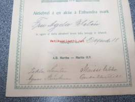 Aktiebolaget Martha - Martta Osakeyhtiö, Helsinki 1918, 100 mk, osake nr 751 Agda Wilén -osakekirja, huomaa kaksikielisyys kääntöpuolittain!