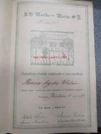 Aktiebolaget Martha - Martta Osakeyhtiö, Helsinki 1918, 100 mk, osake nr 751 Agda Wilén -osakekirja, huomaa kaksikielisyys kääntöpuolittain!
