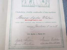 Aktiebolaget Martha - Martta Osakeyhtiö, Helsinki 1918, 100 mk, osake nr 751 Agda Wilén -osakekirja, huomaa kaksikielisyys kääntöpuolittain!