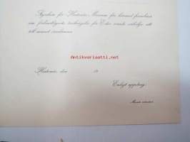Styrelsen på Hertonäs Museum... välvilja att till museet överlämna... -Herttoniemen musen hallituksen kiitoskirja lahjoituksesta, käyttämätön, arviolta 1920-luvulta