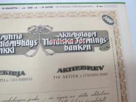 Pohjoismaiden Yhdyspankki - Nordiska Föreningsbanken, Helsinki 1956, 10 osaketta á 100 mk = 1 000 -osakekirja, blanco