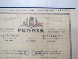 Försäkringsaktiebolaget Fennia Vakuutusosakeyhtiö, Helsinki 1957, Litt. C, 1 osake 2 000 mk -osakekirja, blanco
