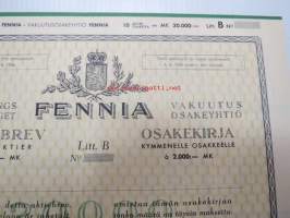 Försäkringsaktiebolaget Fennia Vakuutusosakeyhtiö, Helsinki 1957, Litt. B, 10 osaketta á 2 000 mk = 20 000 mk -osakekirja, blanco