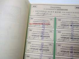 Aktiebolaget Kemi Osakeyhtiö, Kemi 1934, å tio aktier á ettusen mark = 10 000 mk -osakekirja, blanco