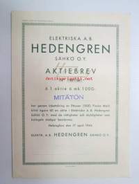 Elektriska Ab Hedengren Sähkö Oy, Helsinki 1944, 1 aktie á 1 000 mk -osakekirja, mitätön-leimattu