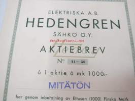 Elektriska Ab Hedengren Sähkö Oy, Helsinki 1944, 1 aktie á 1 000 mk -osakekirja, mitätön-leimattu