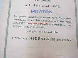 Elektriska Ab Hedengren Sähkö Oy, Helsinki 1944, 1 aktie á 1 000 mk -osakekirja, mitätön-leimattu