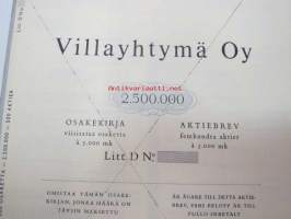 Villayhtymä Oy, Helsinki 1959, Litt. D, 500 osaketta á 5 000 mk = 2 500 000 mk -osakekirja, blanco