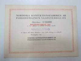 Nordiska Konfektionsfabriken Ab - Pohjoismainen Vaatetehdas Oy, Helsinki 19??, 10 aktier á 1 000 mk = 10 000 mk -osakekirja, blanco, makuleras-leimattu