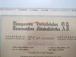 Tampereen Verkatehdas Oy, Tampere 1949, Sarja C 50 osaketta á = 200 000 mk -osakekirja, blanco, makuleras-leimattu