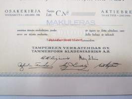 Tampereen Verkatehdas Oy, Tampere 1949, Sarja C 50 osaketta á = 200 000 mk -osakekirja, blanco, makuleras-leimattu