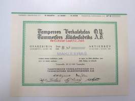Tampereen Verkatehdas Oy, Tampere 1949, Sarja B 10 osaketta á 4 000 = 40 000 mk -osakekirja, blanco, makuleras-leimattu