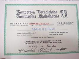 Tampereen Verkatehdas Oy, Tampere 1949, Sarja B 10 osaketta á 4 000 = 40 000 mk -osakekirja, blanco, makuleras-leimattu