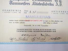 Tampereen Verkatehdas Oy, Tampere 1949, Sarja A 1 osake á 4 000 = 4 000 mk -osakekirja, blanco, makuleras-leimattu