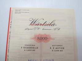 Wärtsilä-Yhtymä Oy - Koncern Ab, Värtsilä 1949, 5 osaketta á 1 600 = 8 000 mk -osakekirja, blanco, makuleras-leimattu