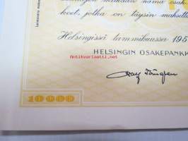 Helsingin Osakepankki - Helsingfors Aktiebank, Helsinki 1950, Litt. A 100 osaketta á 100 mk = 10 000 mk -osakekirja, blanco, makuleras-leimattu