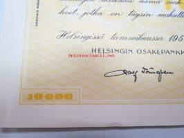 Helsingin Osakepankki - Helsingfors Aktiebank, Helsinki 1950, Litt. A 100 osaketta á 100 mk = 10 000 mk -osakekirja, blanco, makuleras-leimattu