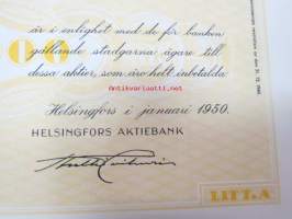Helsingin Osakepankki - Helsingfors Aktiebank, Helsinki 1950, Litt. A 100 osaketta á 100 mk = 10 000 mk -osakekirja, blanco, makuleras-leimattu