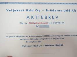 Veljekset Udd Oy - Bröderna Udd Ab, Helsinki 19??, 10 aktie á tiotusen 100 000 mk -osakekirja, blanco