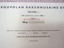 Kouvolan Rakennusaine Oy, Kouvola 19??, 100 osaketta á 1 000 = 100 000 mk -osakekirja, blanco