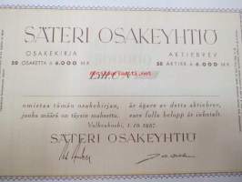 Säteri Osakeyhtiö, Valkeakoski 1957, Litt. C, 50 osaketta á 6 000 mk = 300 000 mk -osakekirja, blanco