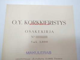 Oy Korkkieristys, Helsinki 1938, 1 osake á 1 000 mk = 1 000 mk -osakekirja, blanco, makuleras-leimattu
