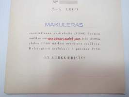 Oy Korkkieristys, Helsinki 1938, 1 osake á 1 000 mk = 1 000 mk -osakekirja, blanco, makuleras-leimattu