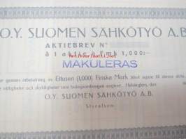 Oy Suomen Sähkötyö Ab, Helsinki 19??, 1 aktie, 1 000 mk -osakekirja, blanco, makuleras-leimattu