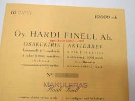 Oy Hardi Finell Ab, Helsinki 1938, 10 osaketta /  aktie, á 1 000 mk - 10 000 mk -osakekirja, blanco, makuleras-leimattu