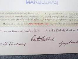 Suomen Kaapelitehdas Oy, Helsinki 1940, 10 osaketta á 1 000 mk = 10 000 mk -osakekirja, käyttämätön, makuleras-leimattu