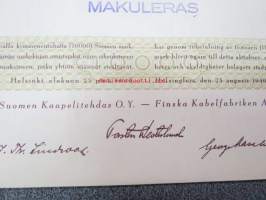 Suomen Kaapelitehdas Oy, Helsinki 1940, 10 osaketta á 1 000 mk = 10 000 mk -osakekirja, käyttämätön, makuleras-leimattu