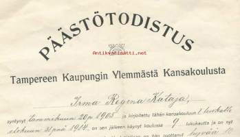 Tampereen Kaupungin  ylemmästä  kansakoulusta 1920 päästötodistus - todistus