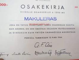 Suojarakenne Oy, Pori 1944, 5 osaketta á 5 000 mk = 50 000 mk -osakekirja, käyttämätön, makuleras-leimattu (Yhtiön nimenkirjoittajana mm. A.F. Airo,  kenraaliko?)