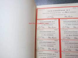 Suojarakenne Oy, Pori 1944, 5 osaketta á 5 000 mk = 50 000 mk -osakekirja, käyttämätön, makuleras-leimattu (Yhtiön nimenkirjoittajana mm. A.F. Airo,  kenraaliko?)